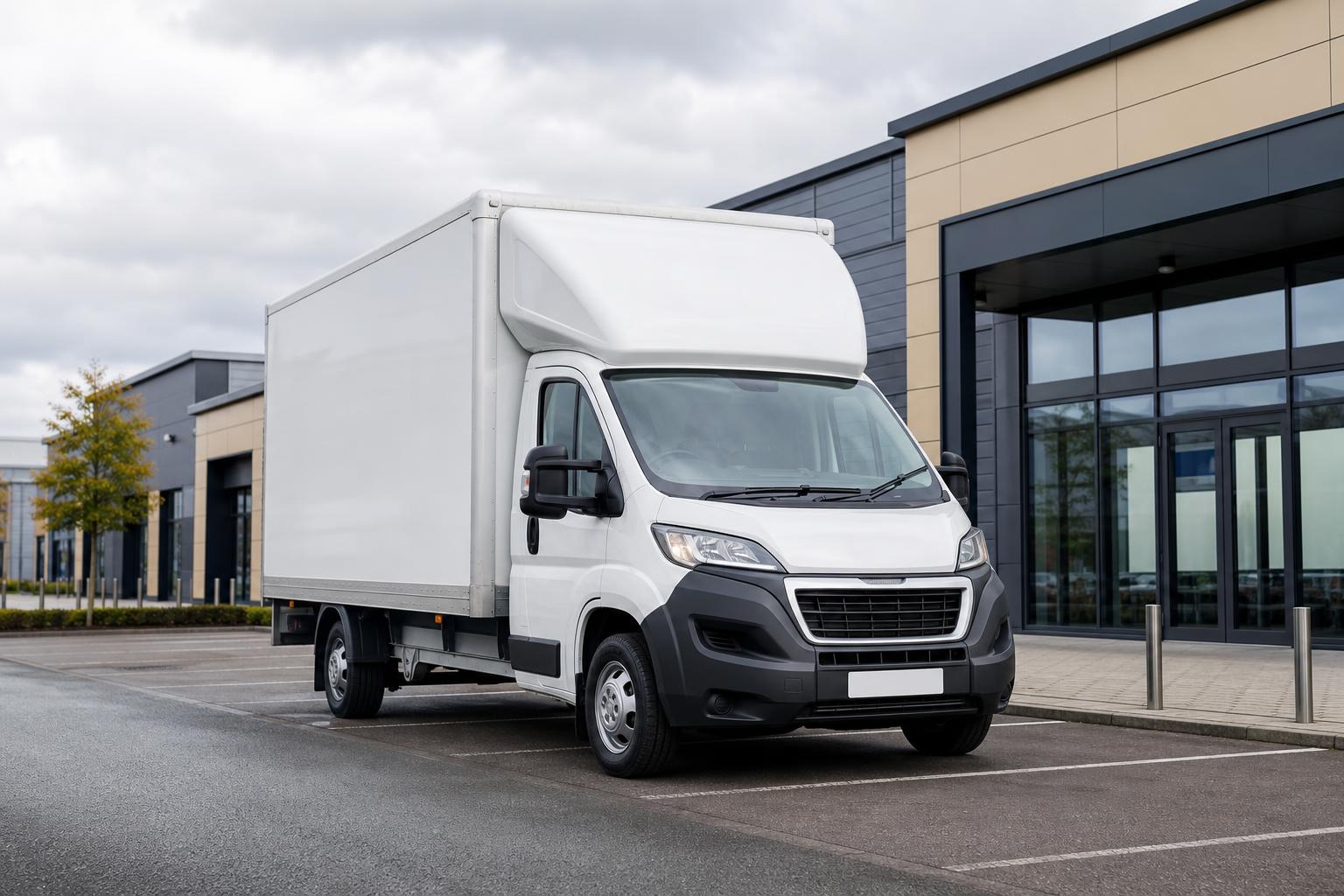 White Luton box van in a clean retail and business park setting in Livingston