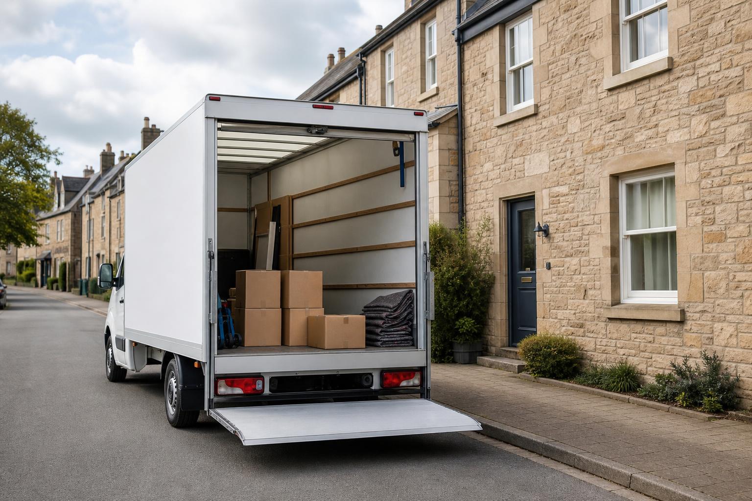 White Luton van prepared for a house move on a residential street near Linlithgow