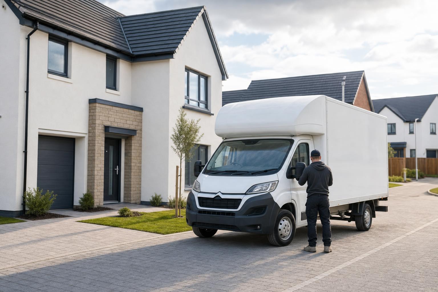 White Luton van in a modern new-build housing area in Winchburgh